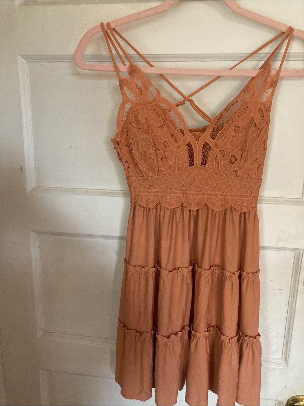 Zenana Outfitters Peach Lace-Trim Tiered Spaghetti Strap Mini Dress